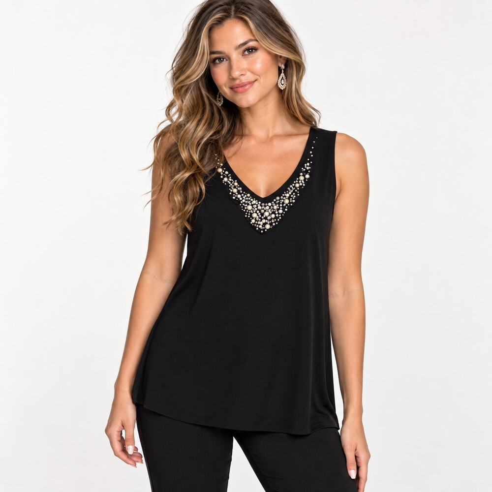 Susan Graver Liquid Knit Sleeveless Blouse Women's Sz L Black Embellished Office
